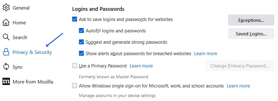 Firefox password manager settings