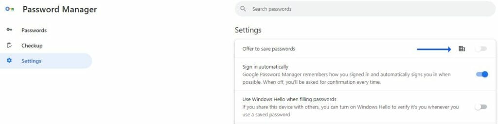 disable offer to save passwords from google chrome