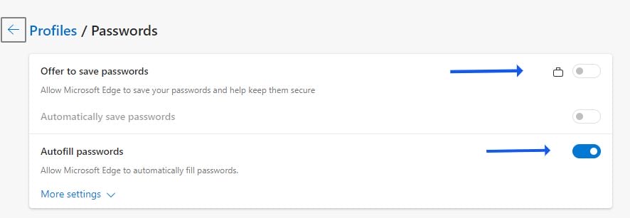 disable autofill passwords from Microsoft edge browser